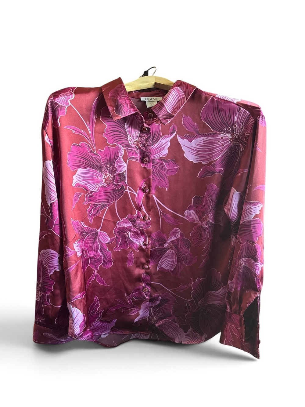 Deane Women’s Size Large Tropical Pink Floral Button Up Silky Long Sleeve Blouse